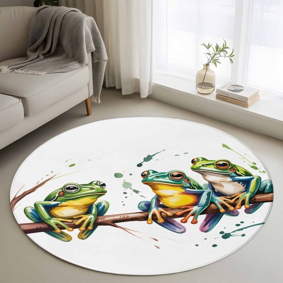 Round Rug 4Ft Washable Non-Slip, Watercolor Frog Circle Area Rugs for Living Room Bedroom, Spring Summer Tropical Animals Rustic Indoor Floor Mats Carpet Runner for Home Decor Aesthetic