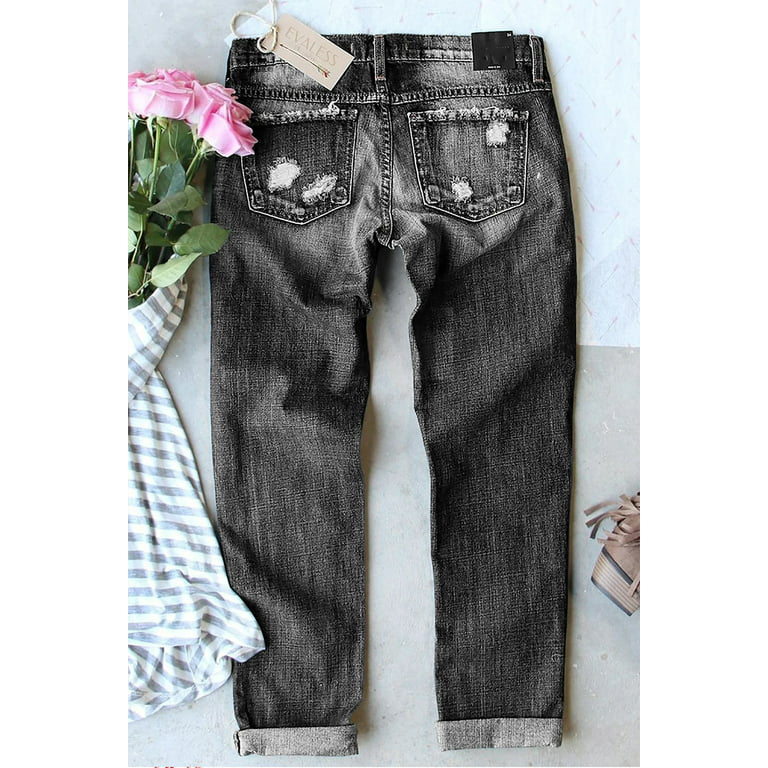 FARYSAYS Straight Leg Jeans for Women's Flowers Printed Denim Pants Jeans  Patch Ripped Trousers Destroyed Skinny Pants Stretch Jeans for Female Size  4-18(S-2XL) 