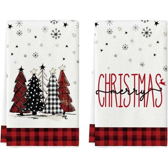 SOME THING Black Red Merry Christmas Kitchen Towels Dish Towels, 18x26 Inch Buffalo Plaid Winter Xmas Trees Star Decoration Hand Towels Set of 2