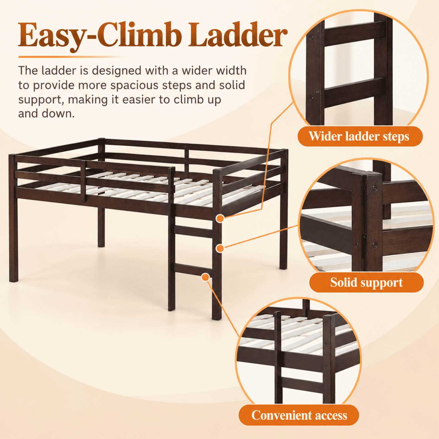 Miniyam Full Loft Bed for Kids, Solid Wood Frame with Ladder and Guardrails, Space-Saving Design, Espresso