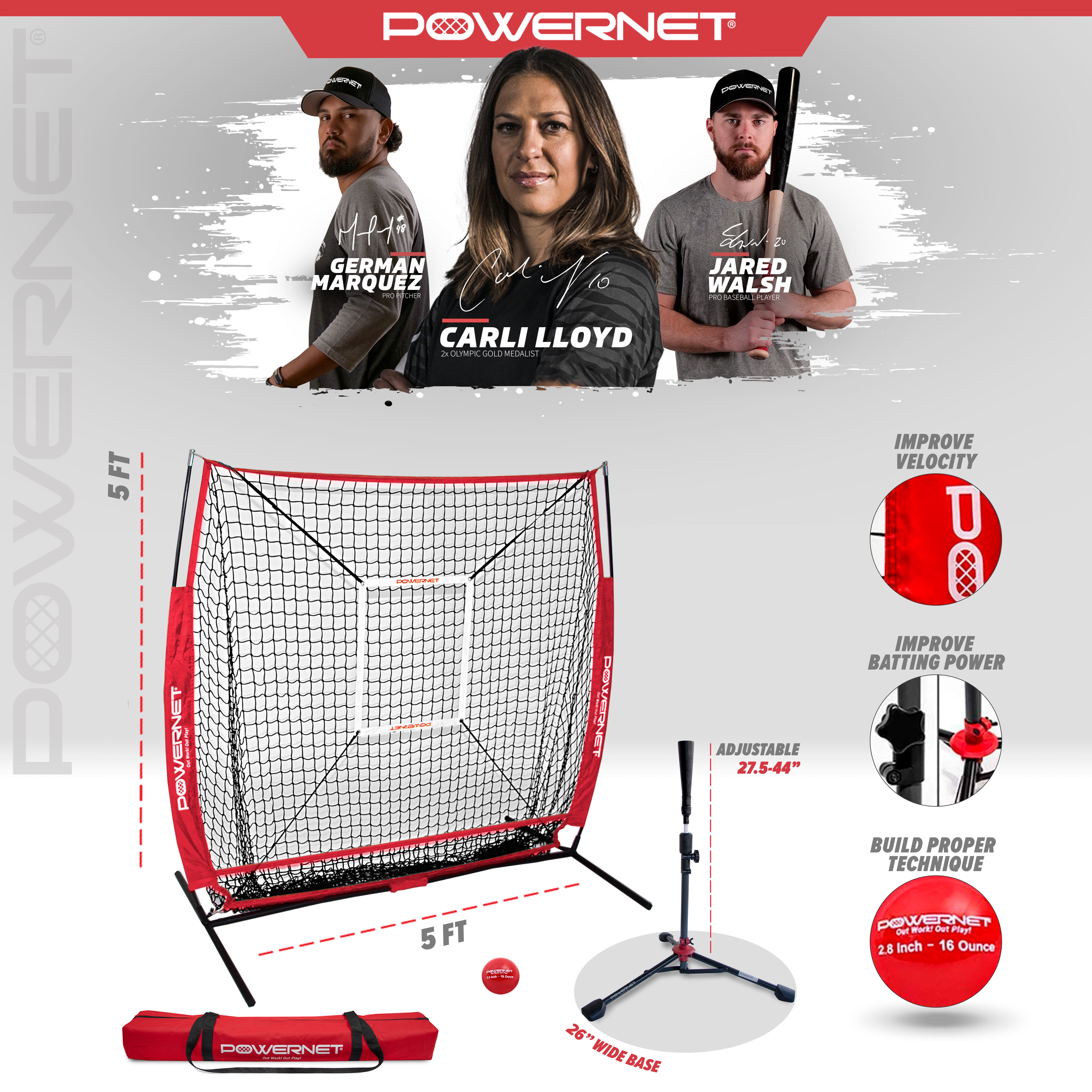 PowerNet Baseball Net Bundle, 5x5 Hitting & Pitching Net with Baseball Tee, Softball Baseball Training Equipment, Weighted Ball & Bag