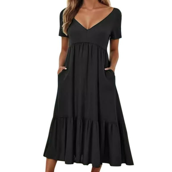 TSADFHJI Slip Skirt for Women Lace Hem Summer Women Short Sleeve V Neck Solid Color Swing Dress Casual Soft Dresses Xl Black