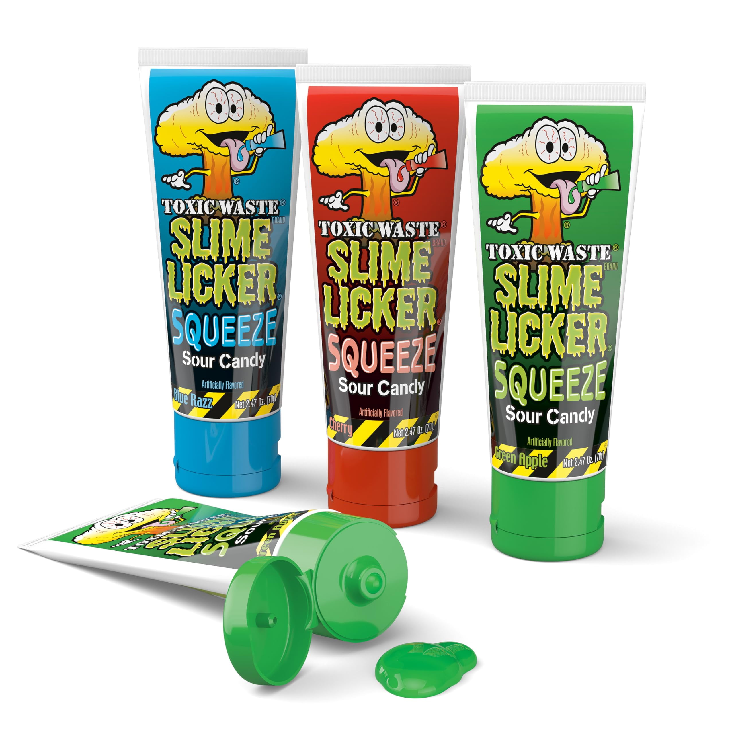 Toxic Waste Slime Licker Squeeze Sour Candy | 12 Count Display with Blue Razz, Cherry, and Green Apple Flavors RED28