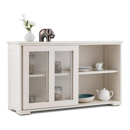 Pemberly Row MDF and Glass Kitchen Storage Cabinet with Sliding Door in White