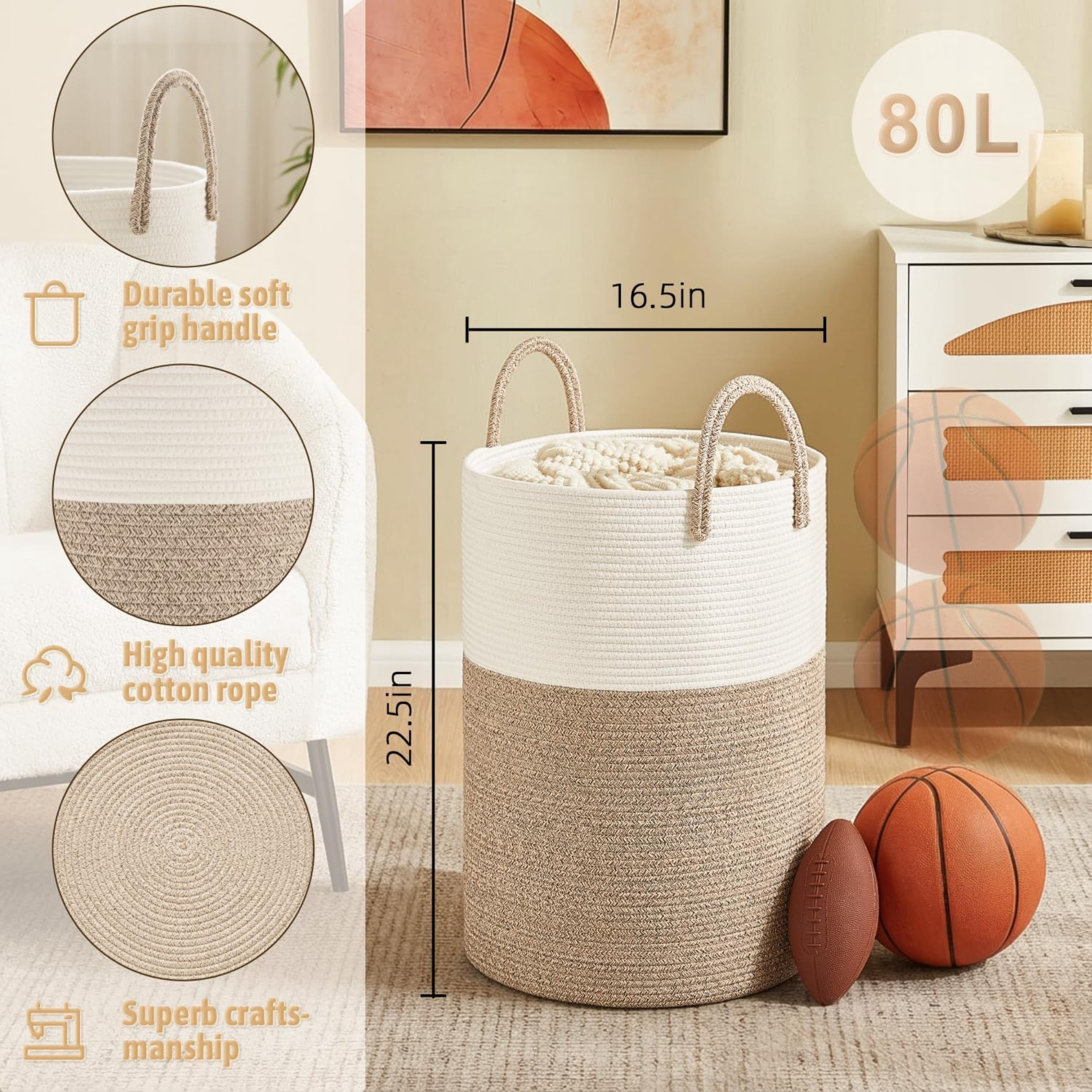 Laundry Basket, Woven Cotton Rope Laundry Hamper, Decor Storage of Dirty Clothes, Toys and Blankets in Bathroom, Baby Room and Living Room