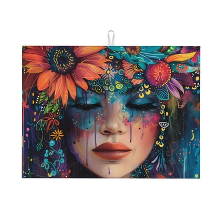 

Cauagu Dish Drying Mat 24*18 inch Absorbent Dish Drainer Kitchen Counter Dish Drying Pad for Countertops Sinks Draining Racks( Bohemian Colorful Flower Woman)