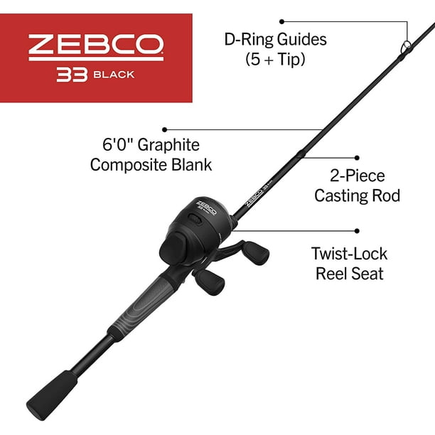 Zebco 33 Black Spincast Reel and 2-Piece Fishing Rod Combo, Quickset  Anti-Reverse Fishing Reel with Bite Alert 