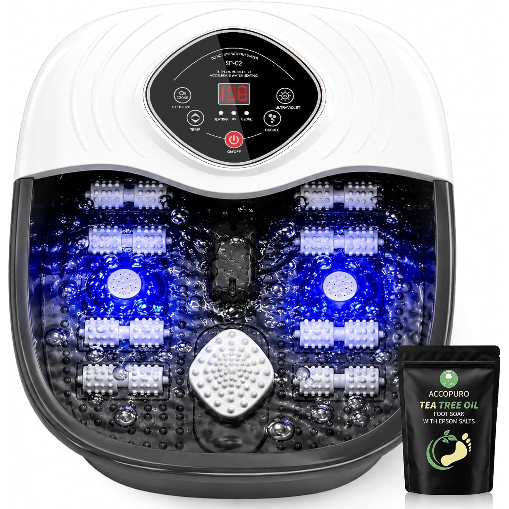 Foot Spa Bath Massager with Heat UV Ozone Oxygen Bubbles Shiatsu Rollers Epsom Salt Temperature Control White Black