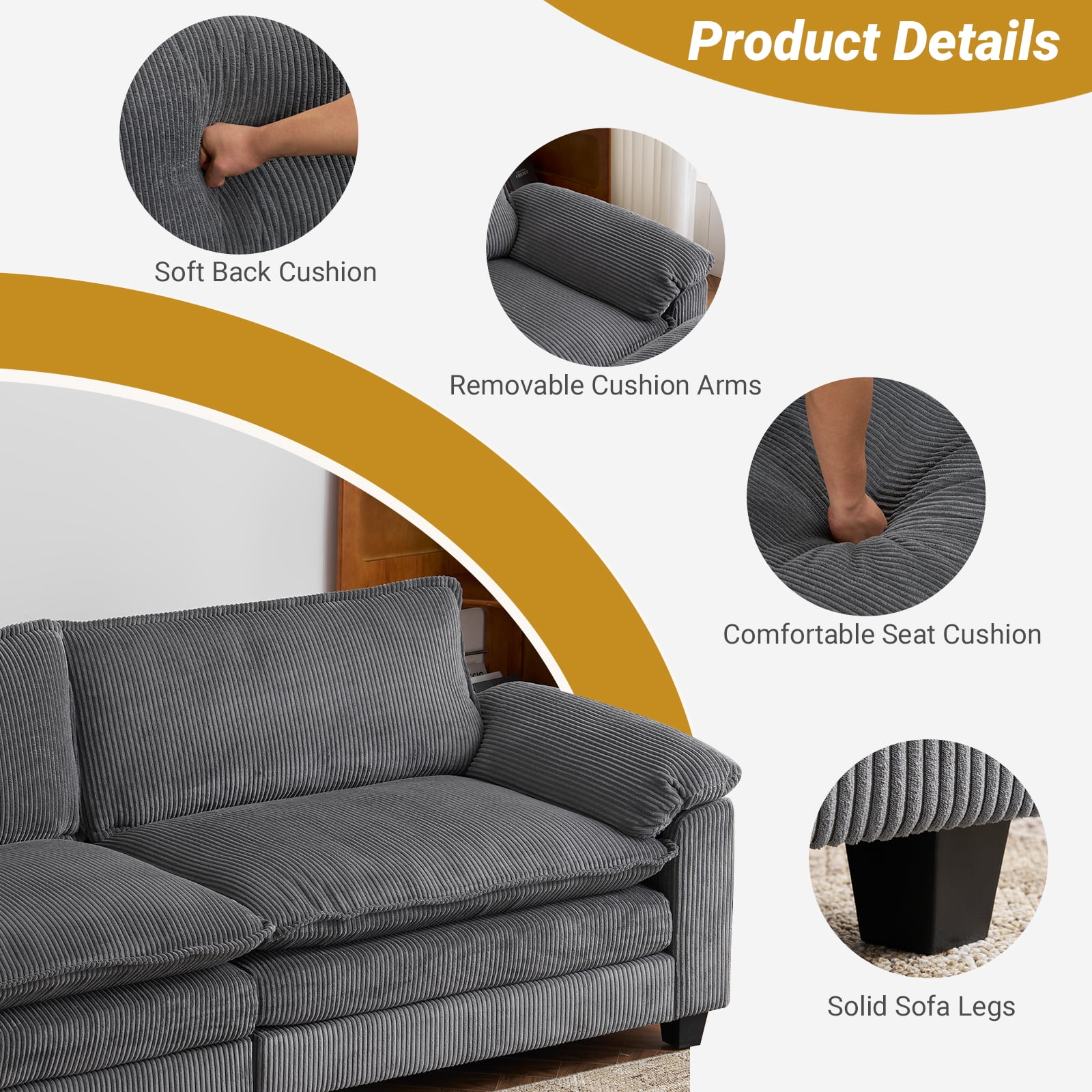Zimtown 90“ Sofa Bed Couch with Pillow Arms and Double Layer Cushions, Corduroy Loveseat Sofa with Removable Ottoman for Living Room, Gray