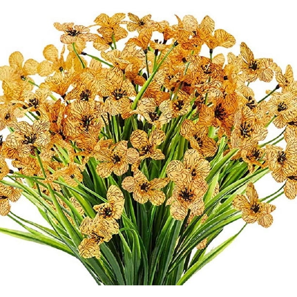 XmhyTop 12 ramos de flores artificiales para exteriores, flores falsas anti-UV que no se decoloran, plantas artificiales para decoración de marcos de ventanas de porches y jardines (amarillo)