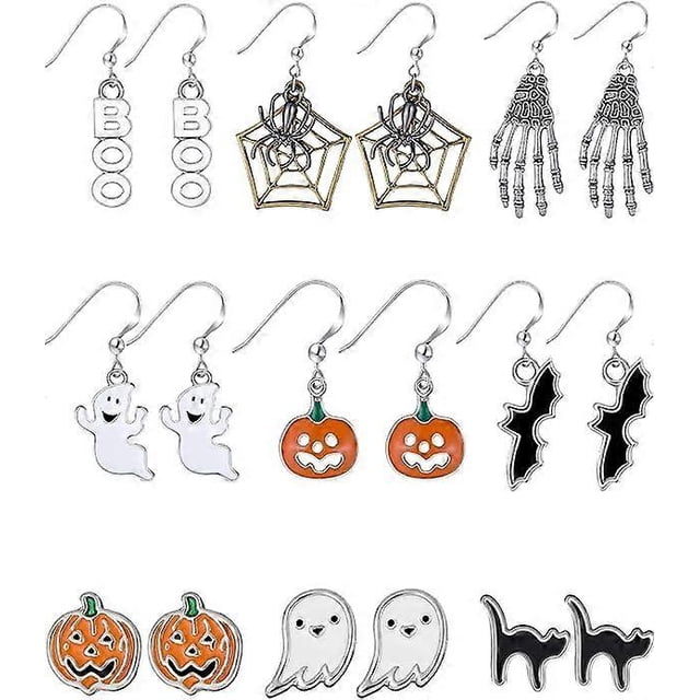 pares de aretes de Halloween, aretes colgantes de calabaza y gato negro.