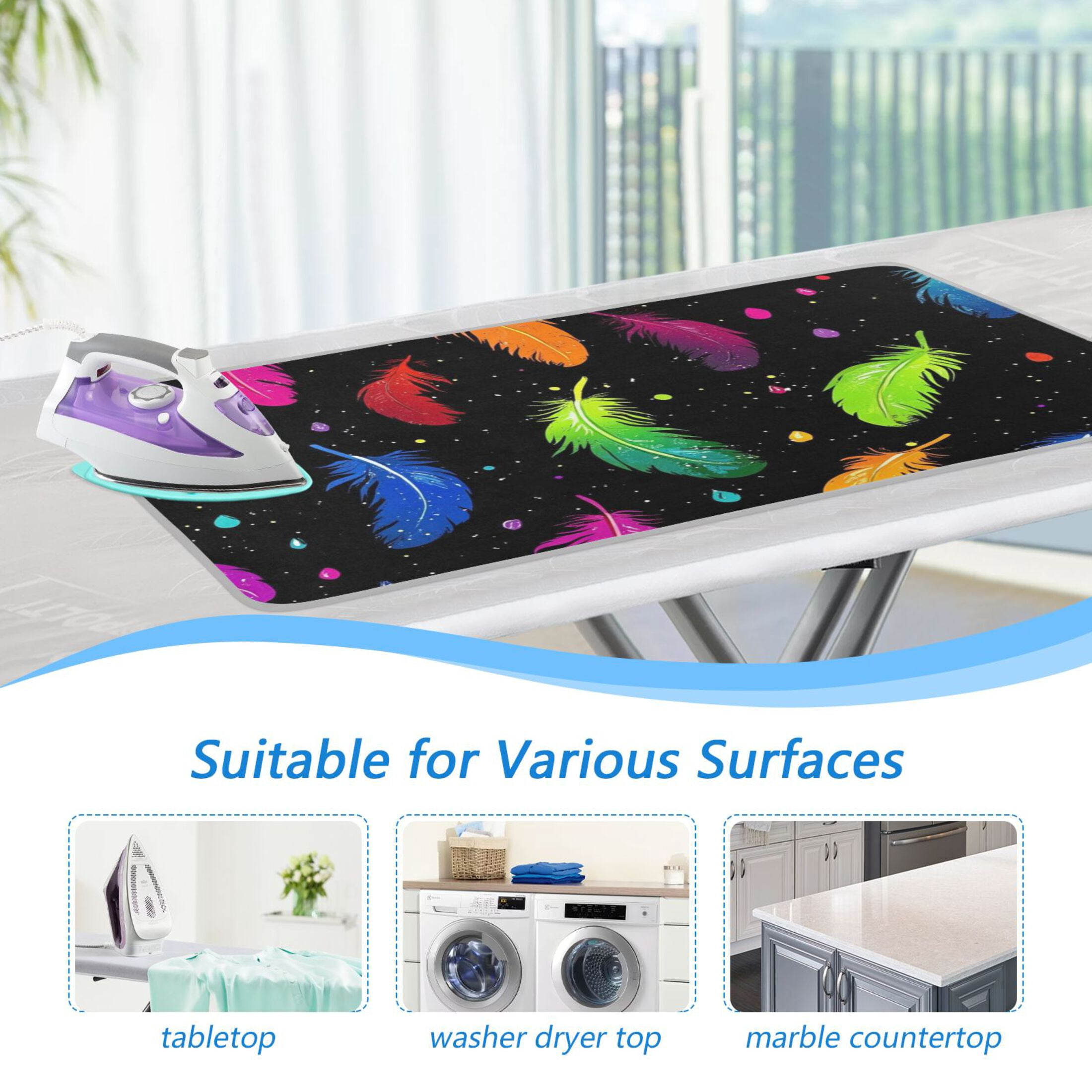 Colorful Feathers on Black Ironing Mat Blanket for Table Top Travel Portable Ironing Board Pad 47.2x27.6 Inch