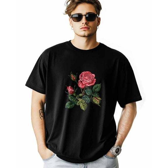 Men's T-Shirt Three Roses Flower Bud Green Leaf Plant Embroidery Style Short Sleeve Casual Tee Classic Crew Neck T-Shirt for Men, S