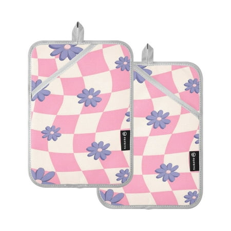 

Pot Holders Set of 2 Heat Resistant Potholders for Kitchen Easy Grip Oven Mitts for Microwave Oven Baking Kitchen BBQ Pink Plaid with Purple Daisy