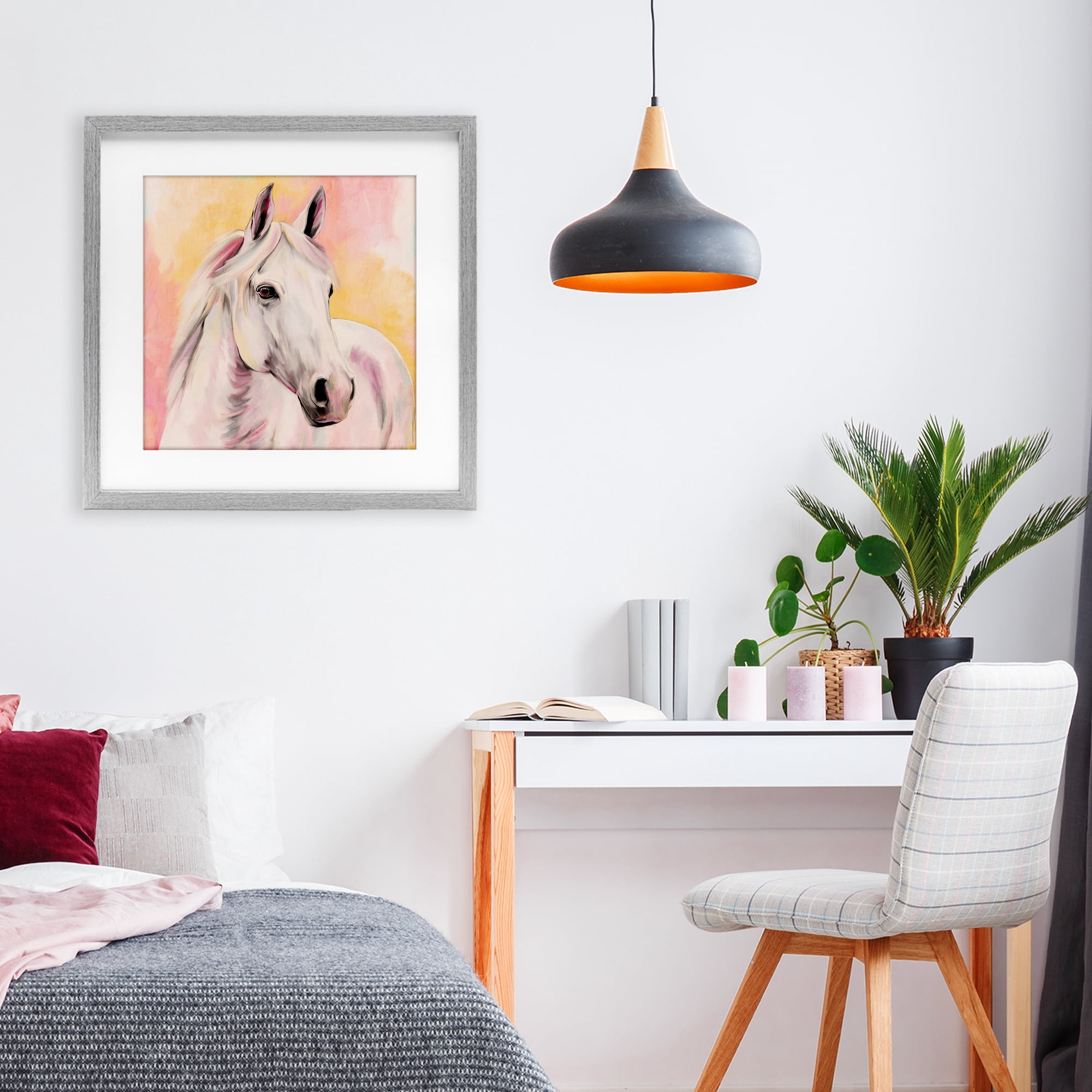 Sunset White Horse Gray Framed Print Under Glass, design by Kim Allen