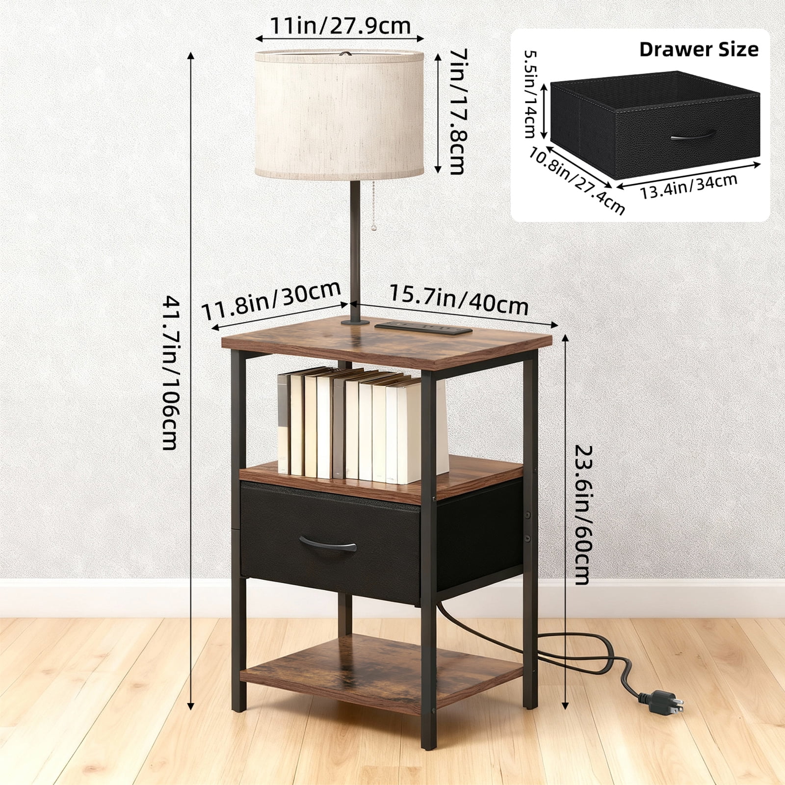 TOMNK Floor Lamp with Table, End Table for Living Room with Lamp, Shelves Side Table with Charging Station(USB & AC Port), 3 Color Temperature LED Bulb, Modern Nightstand Lamp for Bedroom, Office
