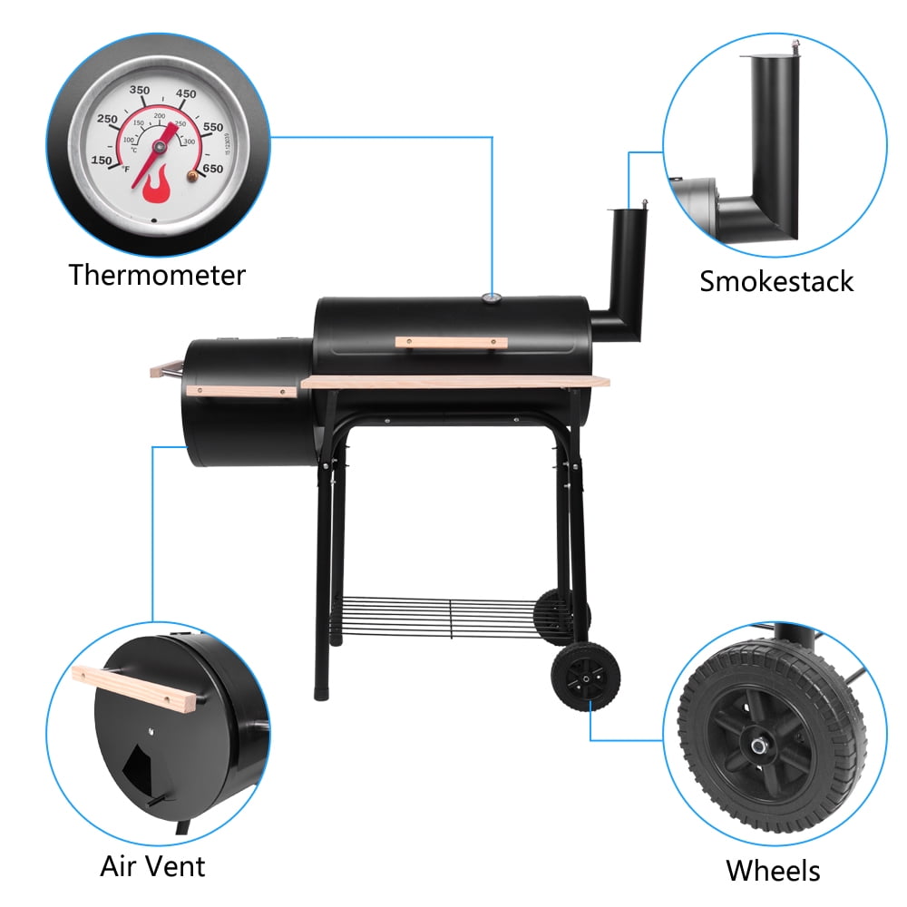 Charcoal Grill, Portable Charcoal Grill and Offset Smoker, Stainless Steel BBQ Smoker with Wood Shelf, Thermometer, Wheels, Charcoal BBQ Grill for Outdoor Picnic, Patio, Backyard, Camping, JA1167