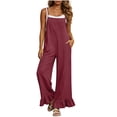 thumbnail image 5 of Hurxie Women Casual Loose Long Bib Pants Wide Leg Jumpsuits Baggy Cotton Rompers Overalls with Pockets Red,L, 5 of 7