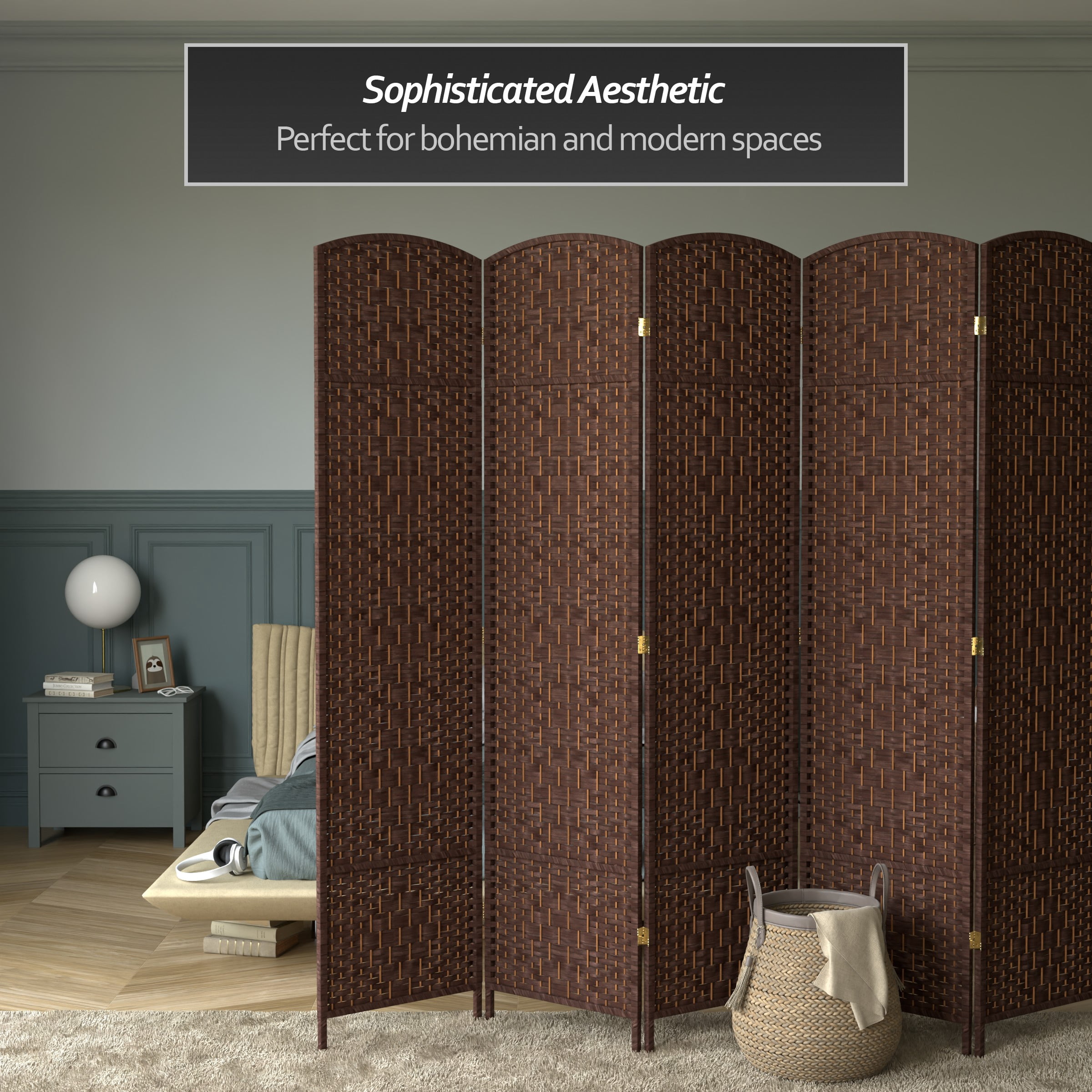 7 ft. Tall Rattan Fiber Diamond Weave Privacy Screen Room Divider - Dark Mocha - 6 Panels