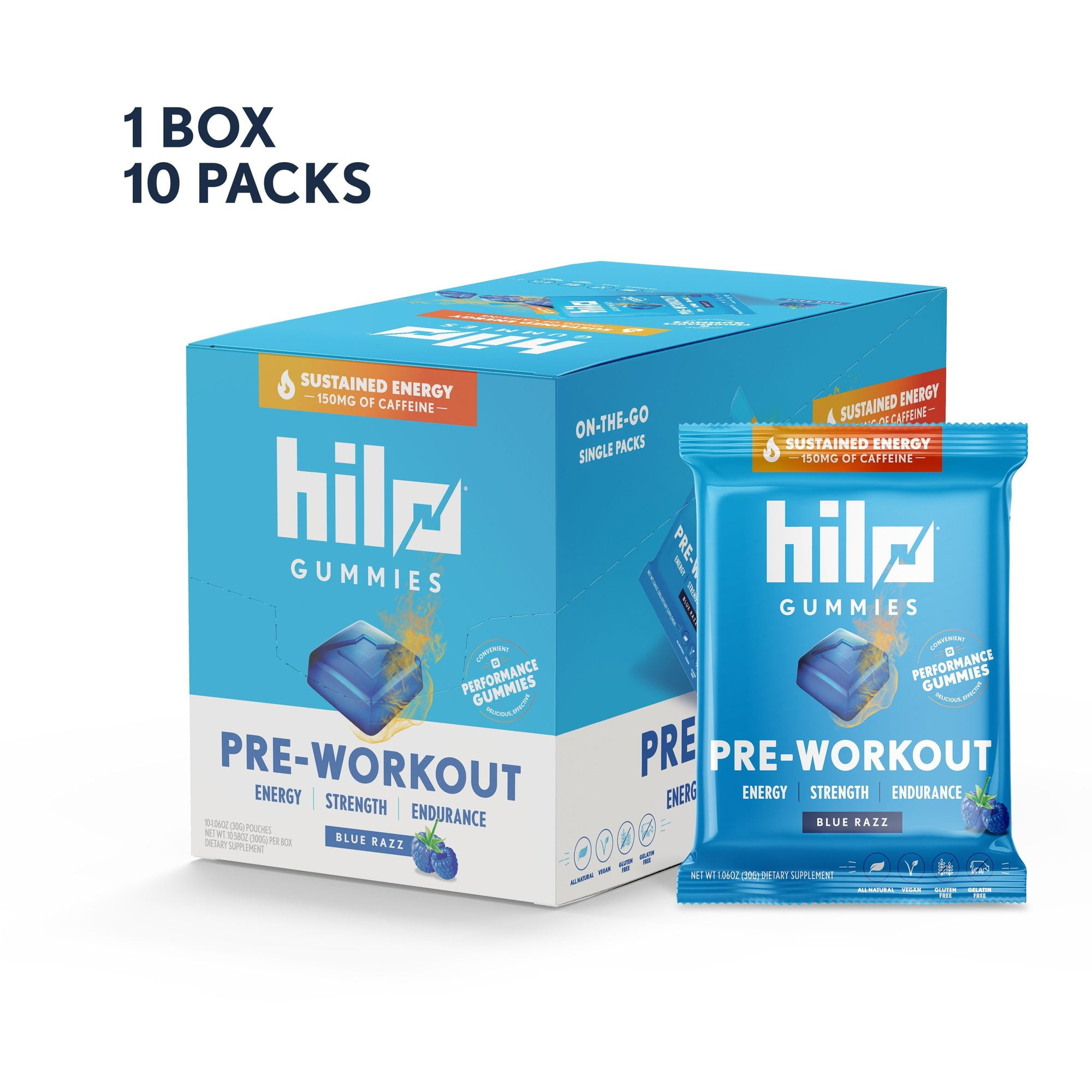 Hilo Pre-Workout Energy Gummies w/ Caffiene, Blue Razz Flavor, 10 ct Single Serve Packs