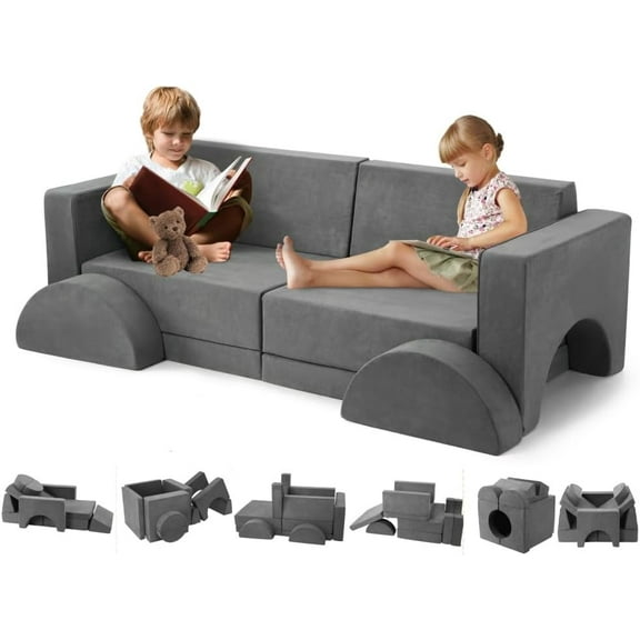 GAOMON 8 Pcs Kids Modular Couch, Multi-Functional Sectional Sofa for Playroom & Bedroom – Creative Foam Furniture for Playing, Sleeping & Learning, Grey