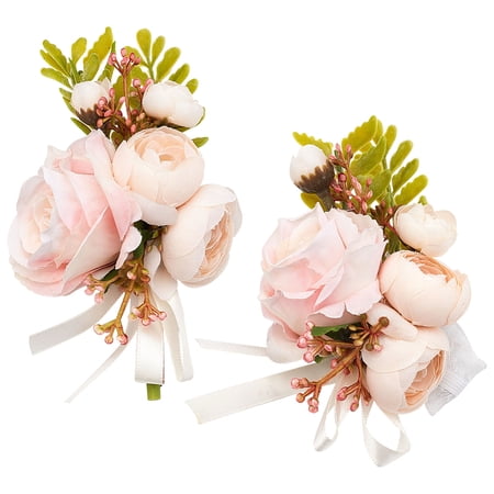 Wrist Corsage and Boutonniere Set for Groom Bride Groomsmen Bridesmaids Wedding Party Prom Suit Lavender Blush Artificial Rose Wrist Corsage Wristband