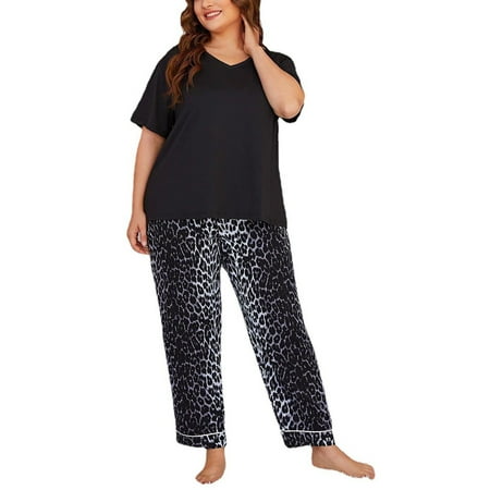 

Womens Summer Pajamas Set V Neck Short Sleeve Sleepwear Tops with Loose Long Pants Soft Pjs Set Nightwear Plus Size