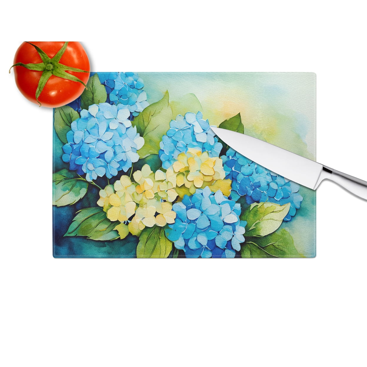 Hydrangeas in Watercolor Glass Cutting Board Large 12 in x 15 in