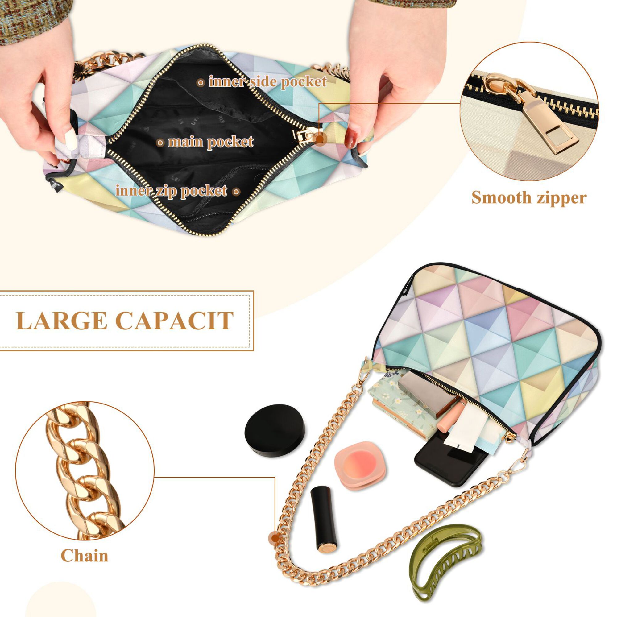 FORMRS Womens Shoulder Bag with Chain Strap Clutch Purse Cute Tote Handbag, Colorful Geometric