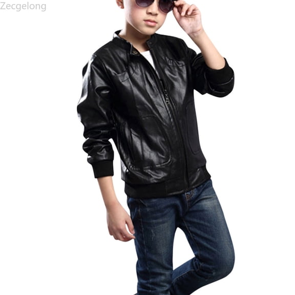 Zecgelong Toddler Kids Little Boys Long Sleeve Faux Zipper Jacket Spring Autumn Lightweight PU Coat For Boys