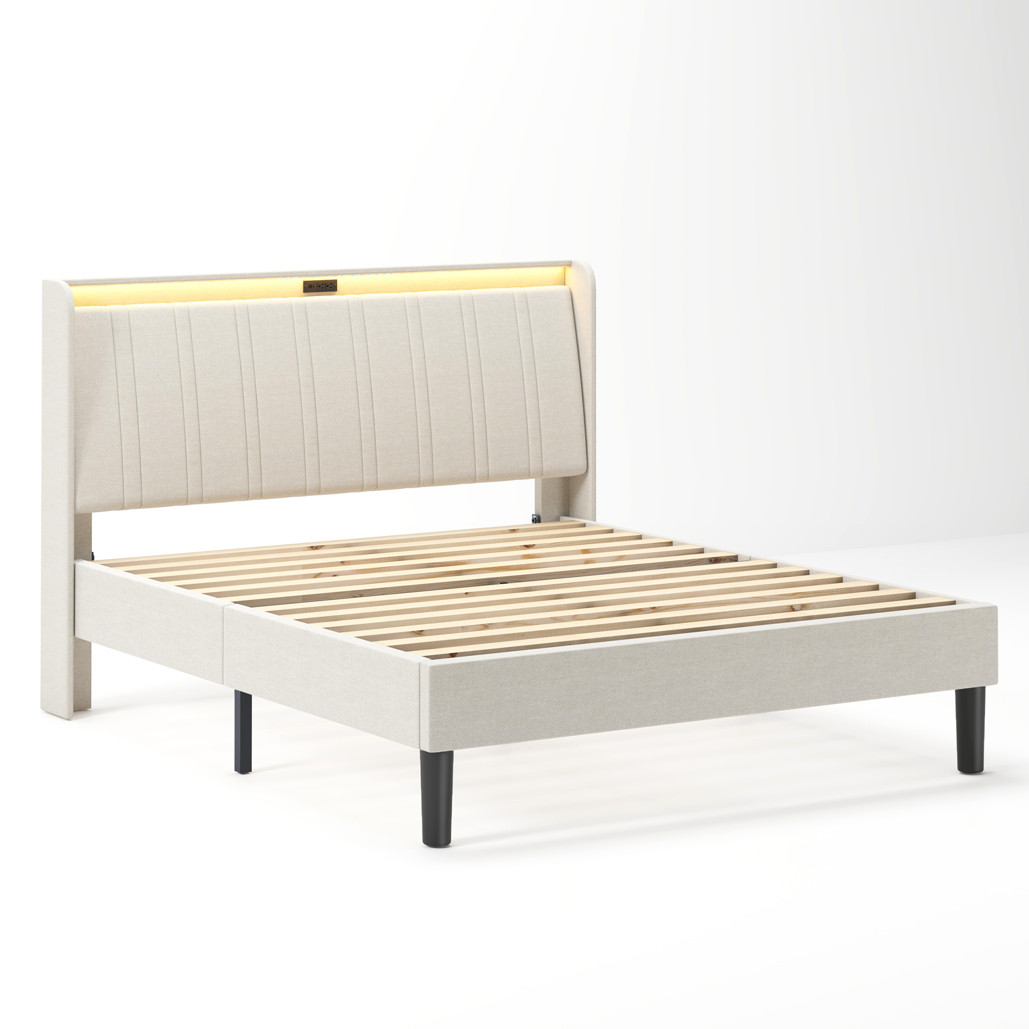 Queen Size Upholstered Bed Frame with LED Lights, Platform Bed Frame with Fabric Upholstered Headboard, Beige