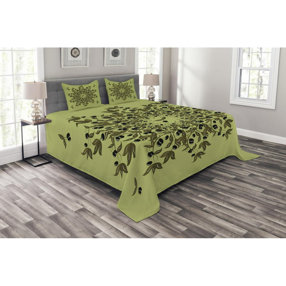 Olive Green Bedspread Set Queen Size, Branches of Olives Mediterranean
