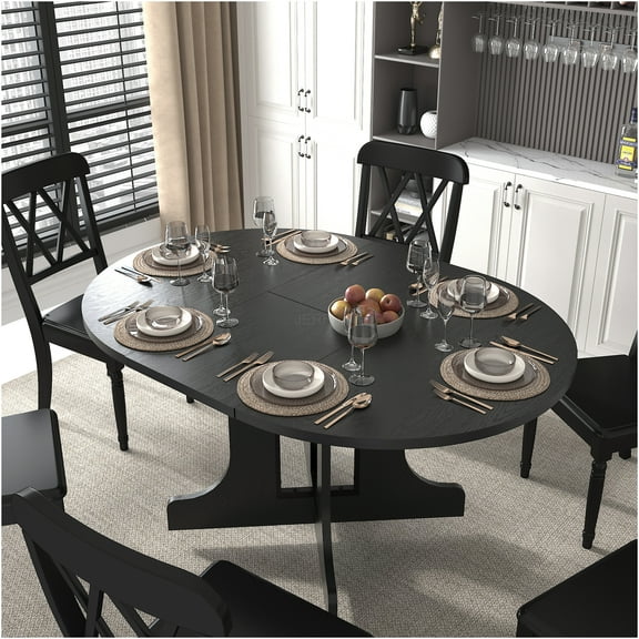 JERFIT Expandable Oval Dining Table with Removable Leaf, Farmhouse Kitchen Table with X-Shaped Trestle Base, Black