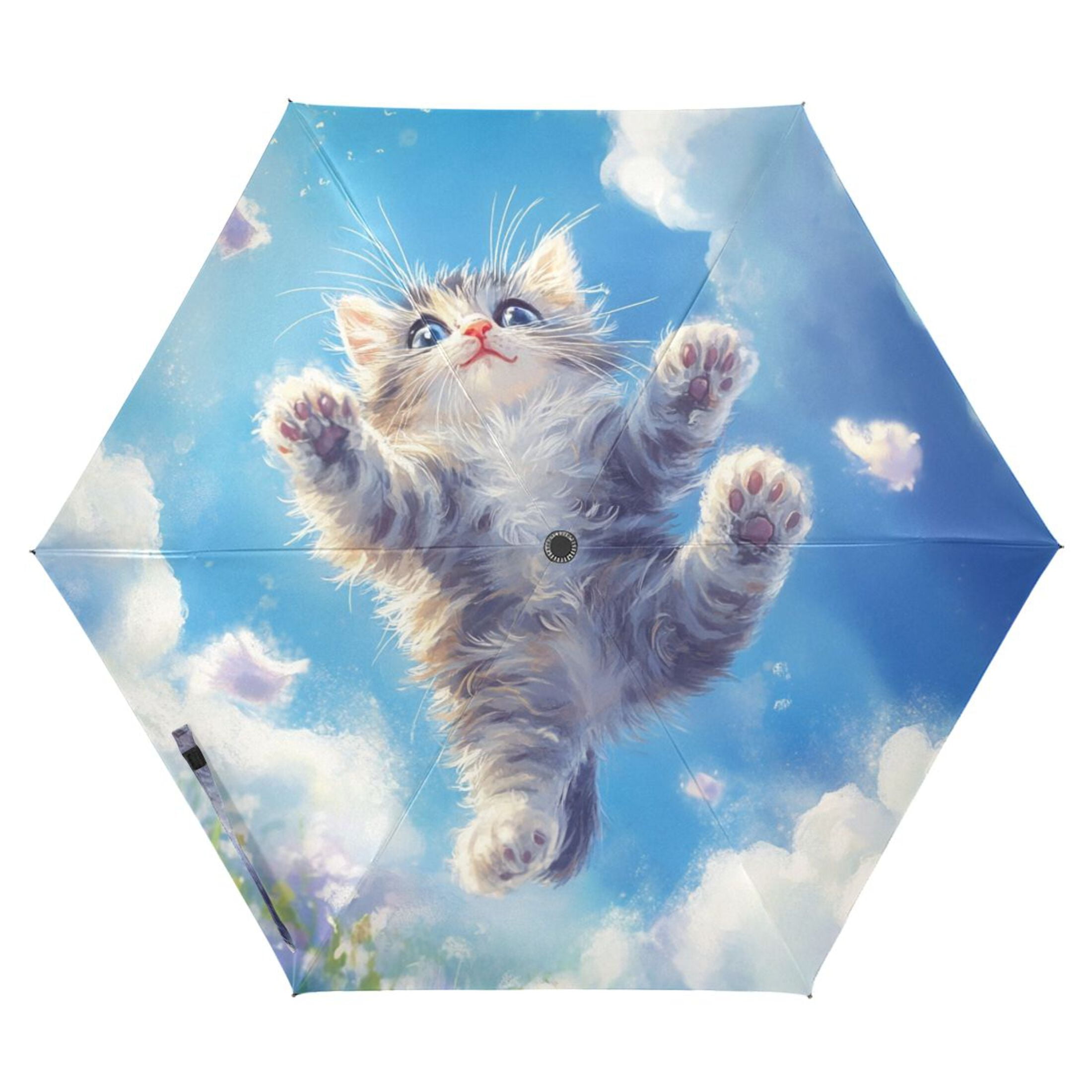 Cute Cats Flying on Floral Field All Weather Umbrella Triple Folding Parasol 6 Ribs UV Protection Portable