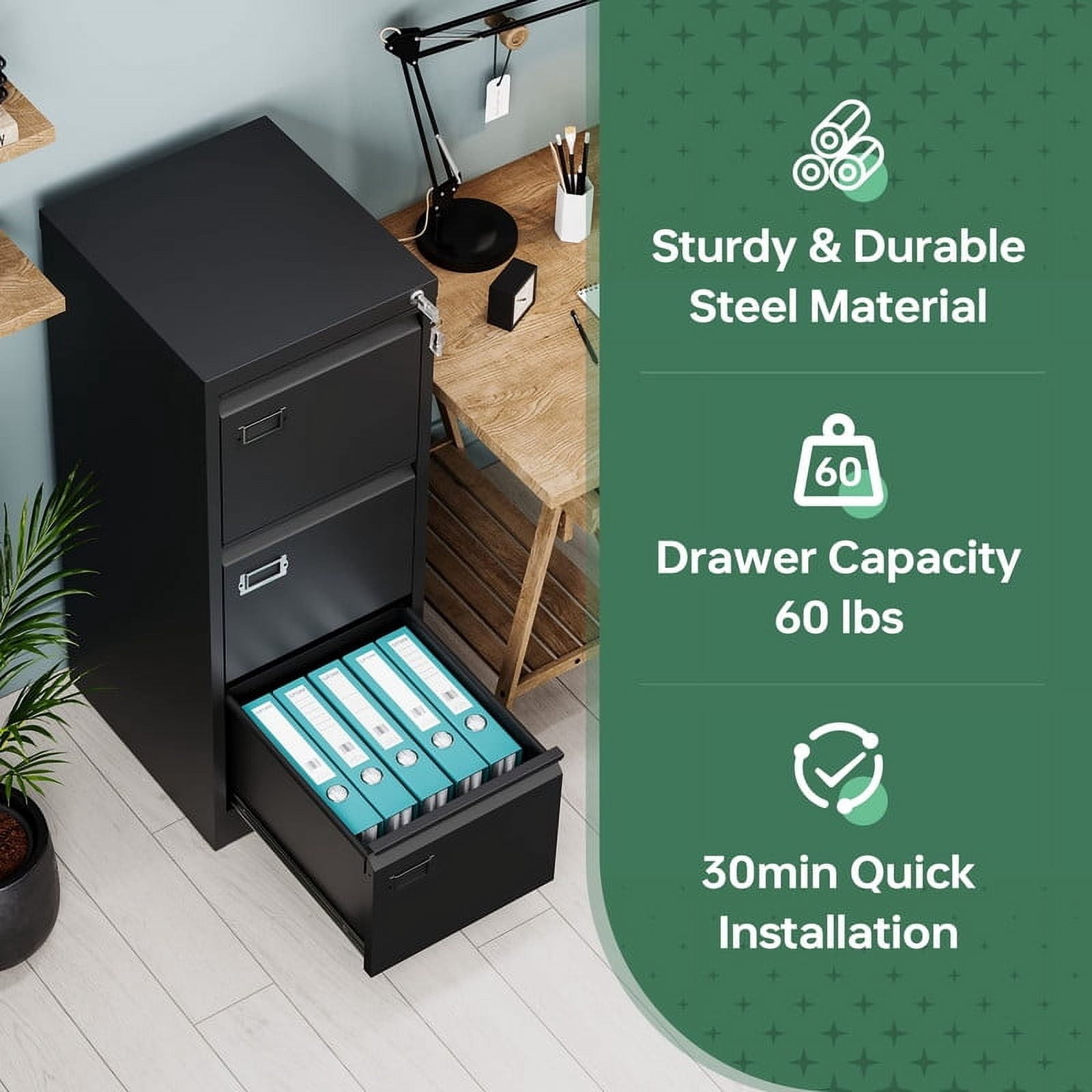 MIIIKO 3 Drawer File Cabinet,Metal Vertical Filing Cabinets with Lock,Storage A4/F4/Letter/Legal for Home Office-Assembly Required(3 Drawer-Black)