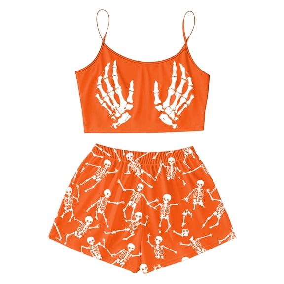 MEZZALL Halloween Gothic Pajama Set for Women Spaghetti Strap Skeleton Hand Print Crop Tops With Elastic Waist Shorts 2 Piece Home Sleepwear