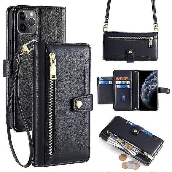 (Black)For iPhone 11 Pro Wallet Case Magnetic Crossbody Card Holder Phone Cover x