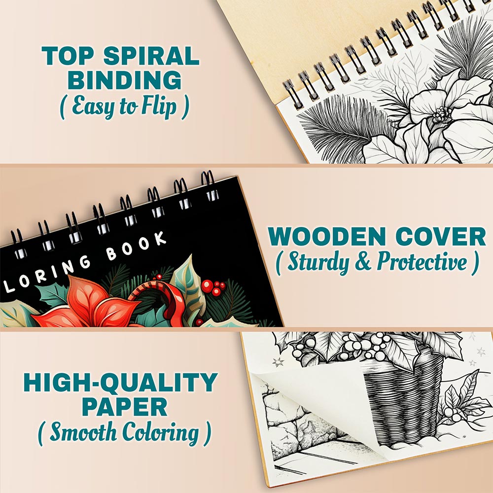Netecom Winter Nature Coloring Book Spiral Bound for Adults, A5 Wooden Cover, 30 Beautiful Coloring Pages of Various Flowers for Stress Relief and Relaxation