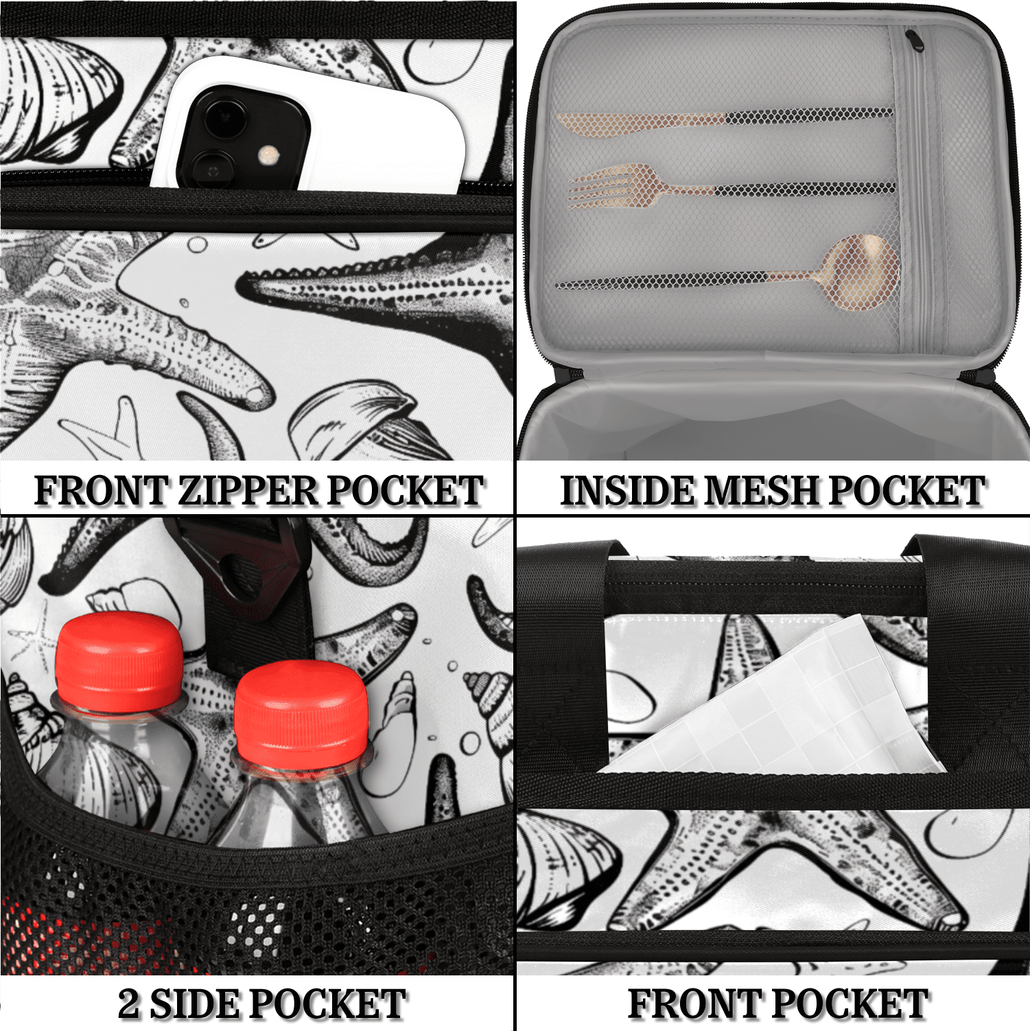 Herdesigns Nautical Starfish Large Lunch Box for Adults Women Men with Adjustable Shoulder Strap, Insulated Reusable Lunch Bag Leakproof Cooler Tote Bag