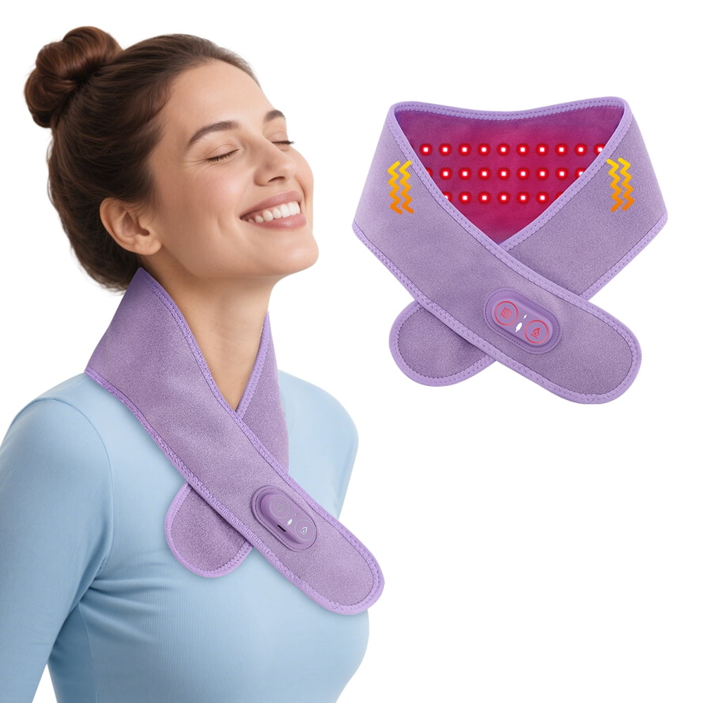 Cordless Heating Pad for Neck and Shoulders, Rechargeable Electric Heated Neck Wrap with 3 Heat Settings & 3 Vibration Levels, 36 LED Lights, Portable Neck Warmer for Home Travel Use (Purple)