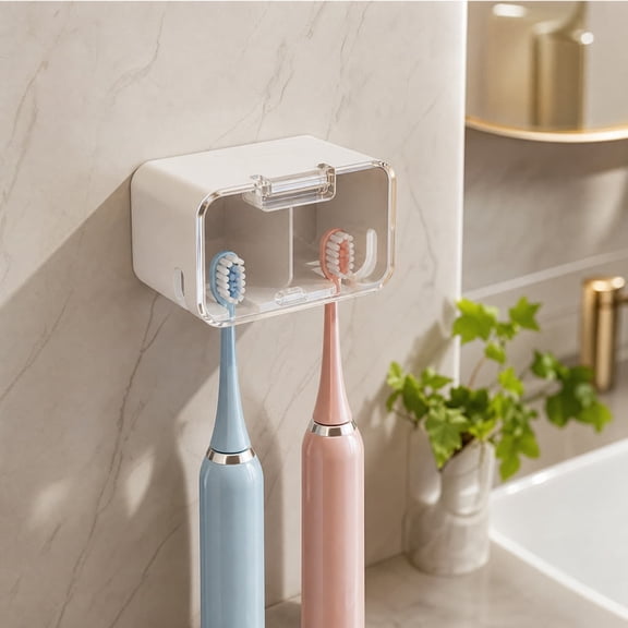Toothbrush Holder Wall Mounted Bathroom Toothbrush Storage Rack with Transparent Cover, No Drill Adhesive Toothbrush Organizer for Bathroom Vanity Rental Apartment Guest Washroom