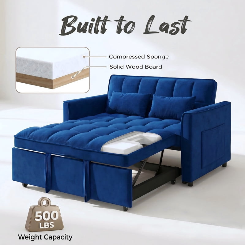 Gewnee 55" Sofa Bed, Convertible Sleeper Sofa & Pull Out Couch, 3-in-1 Velvet Loveseat with Adjustable Backrest and Storage Pocket, Blue