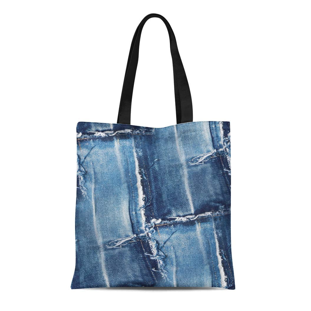 LADDKE Canvas Tote Bag Vintage Jeans Pattern Blue Denim Indigo Closeup Patch Messy Reusable Shoulder Grocery Shopping Bags Handbag