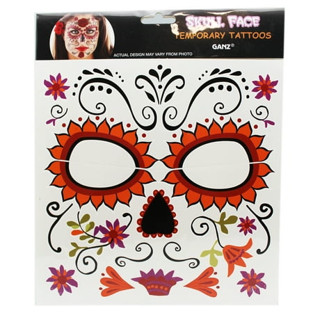 Dia De Los Muertos Flowery Skull Face Temporary Tattoo - By (Best Fleur De Lis Tattoo)