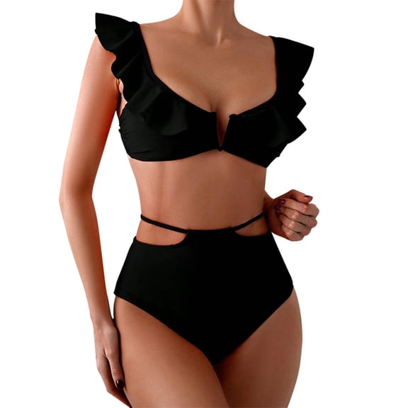 ANINEO Women Swimwear V-Neck High Waist Flounce Bikini With Tie Design Soft Hawaii Summer Tropical Brazilian Beachwear