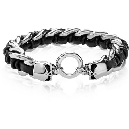 Crucible Polished Stainless Steel Skulls Interwoven Black Leather Curb Chain Bracelet (15mm), 8.5