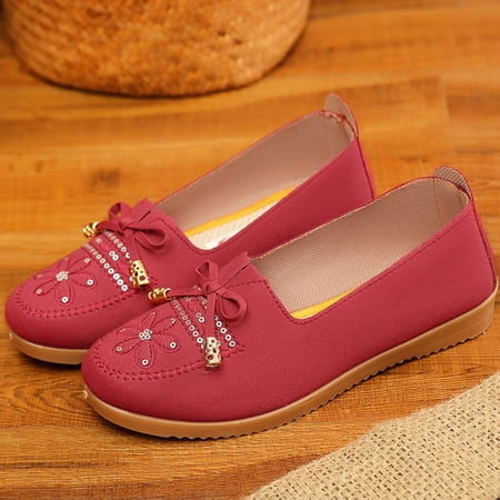 

Women s Flats Thick Reinforced Sole Shoes Round Head Embroidered Loafers 37 Red