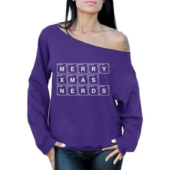 Awkward Styles Merry Xmas Nerds Off The Shoulder Sweatshirt for Women Xmas Periodic Table Oversized Sweater Christmas Elements Sweatshirt Off Shoulder Funny Gifts for Chemistry Lovers Xmas Party Top