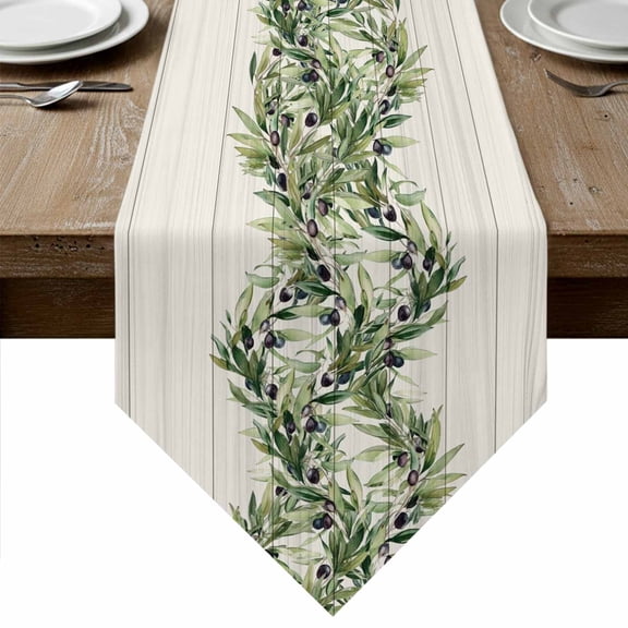 Sage Green Leaves Table Runner Linen Burlap Table Runner 70 Inches Long Summer Botanical Retro Art Wooden Dresser Scarves for Kitchen Island Coffee Dining Party Wedding Banquet Holiday Decor 13"x70"