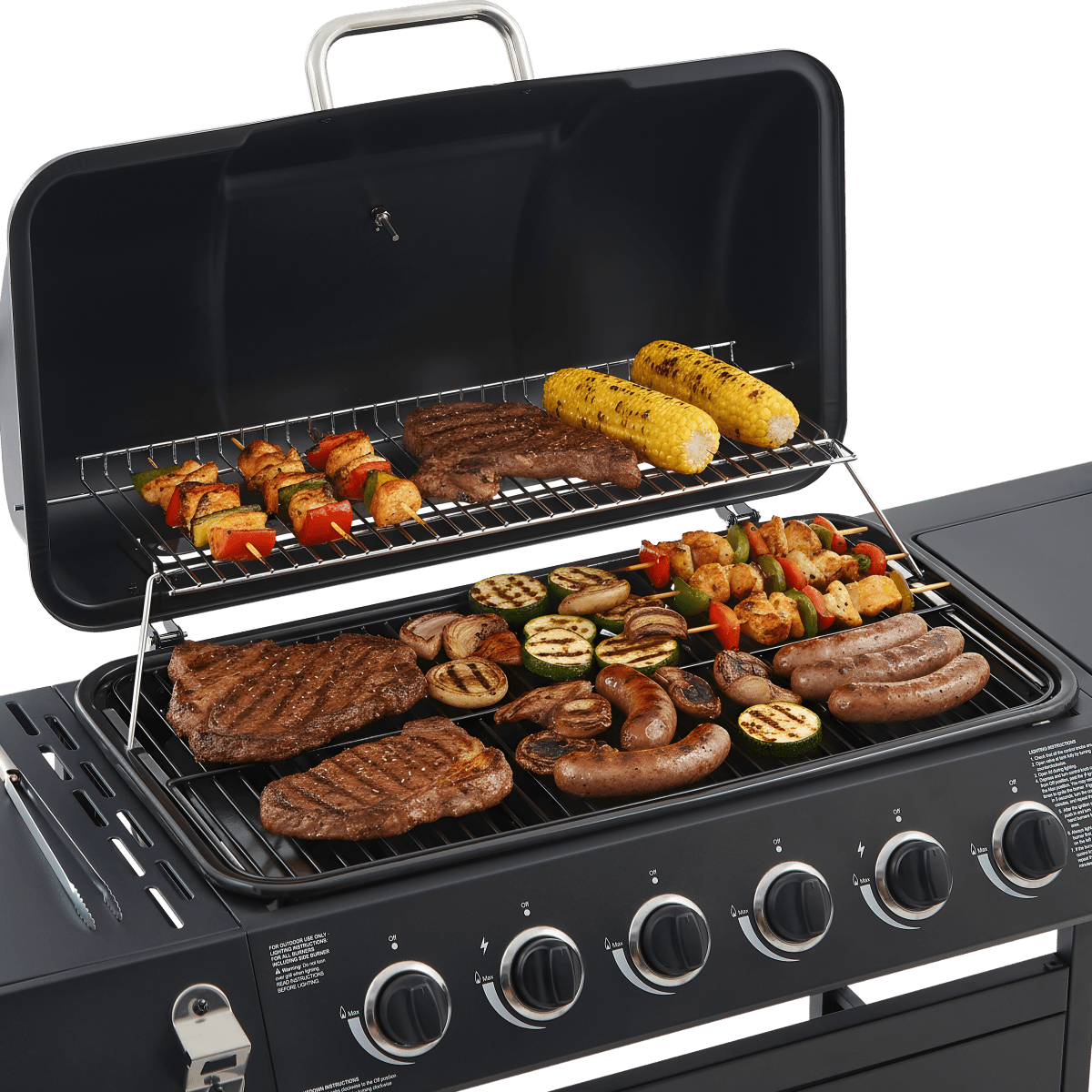 6 Burner BBQ Propane Gas Grill with Side Burner 59000 BTU Output Stainless Steel Barbecue Grill with Enamel Coated Grates and Side Tables for Outdoor Cooking Kitchen and Patio Backyard